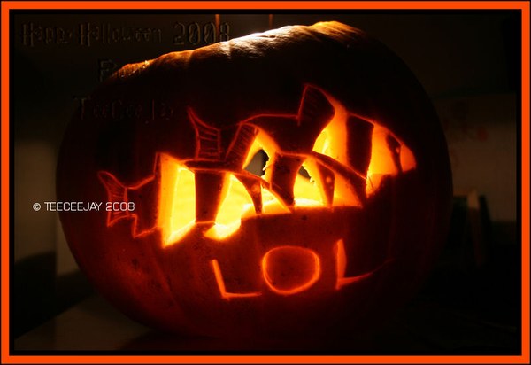 Clown loach shoal carved into a halloween pumpkin.